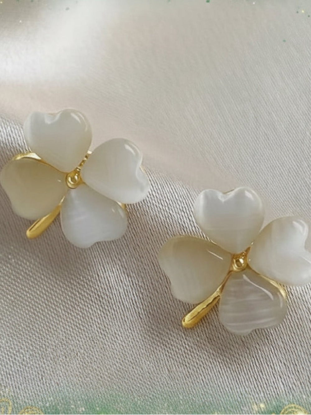 Gold & White Clover Stud Earrings